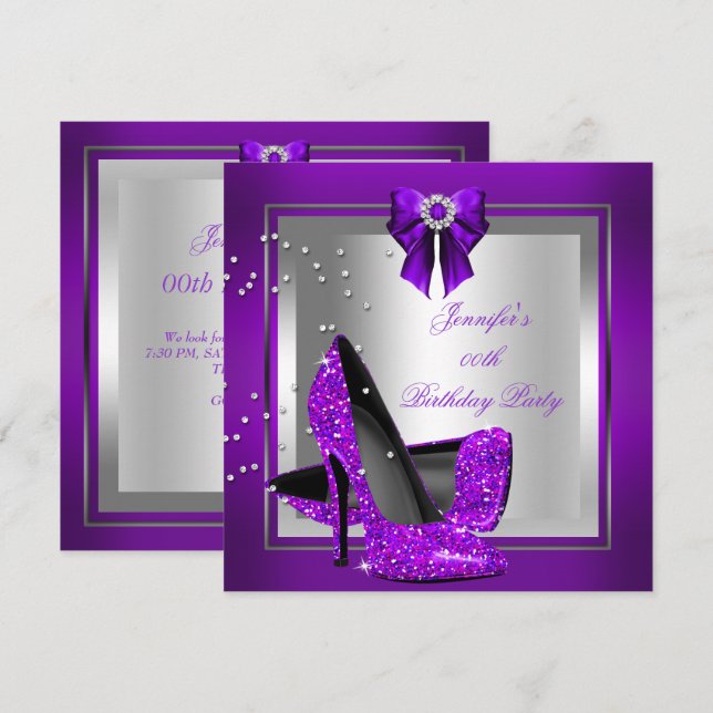 Glitter High Heel Shoe Silver Purple Birthday Invitation (Front/Back)