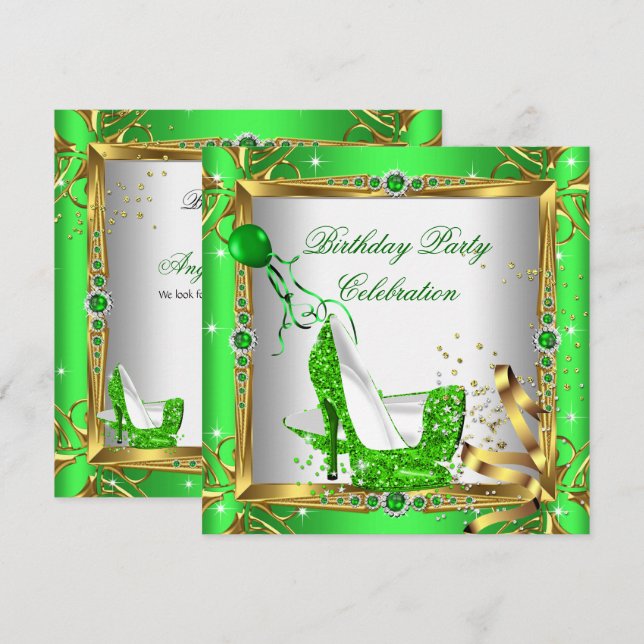 Glitter High Heel Shoes Lime Green Gold Party Invitation (Front/Back)