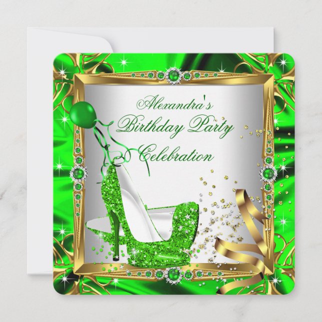 Glitter High Heel Shoes Lime Green Gold Silk Invitation (Front)