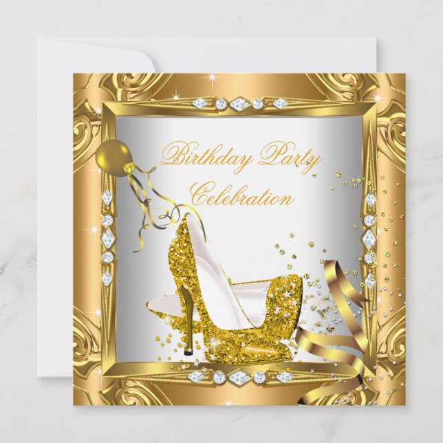 Glitter High Heel Shoes Yellow Gold Party Invitation (Front)