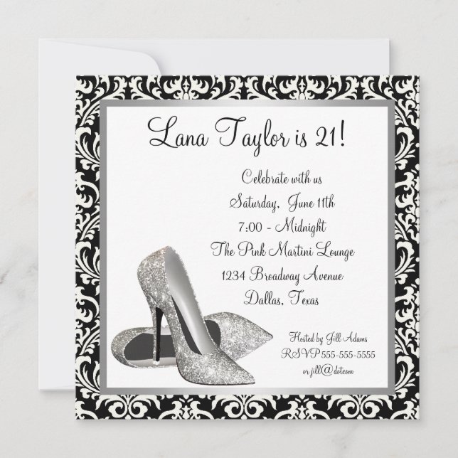 Glitter High Heels Black Damask Birthday Party Invitation (Front)