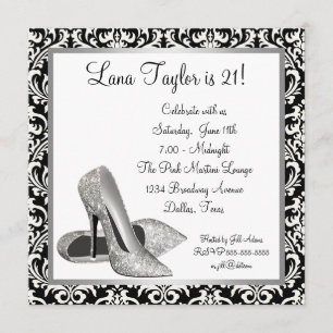 Glitter High Heels Black Damask Birthday Party Invitation