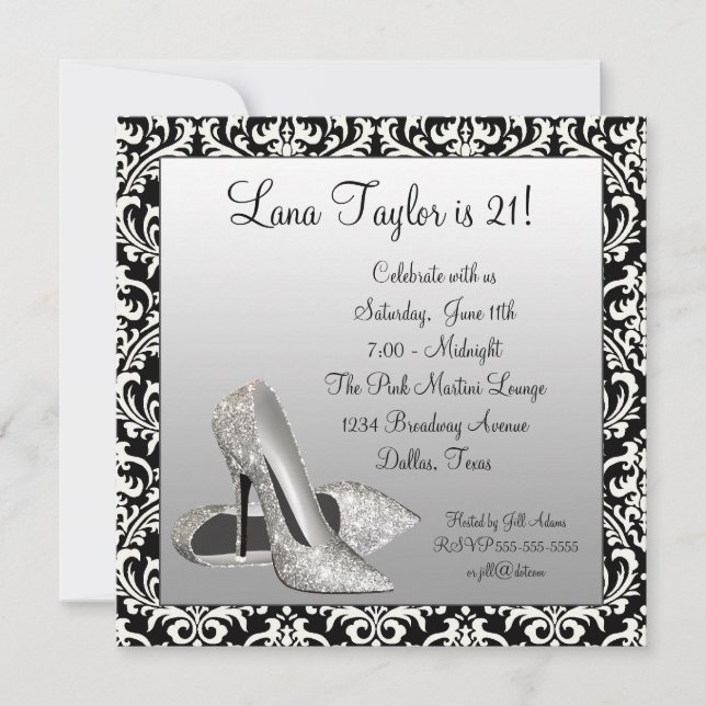 Glitter High Heels Black Damask Birthday Party Invitation (Front)