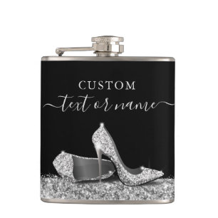 Glitter High Heels Black Silver Personalised Hip Flask