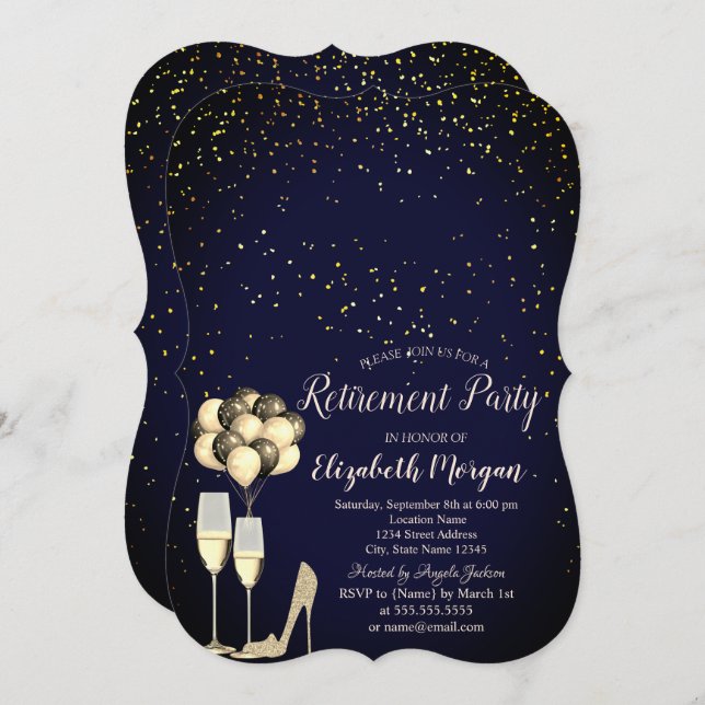 Glitter High Heels, Confetti Blue Retirement Party Invitation (Front/Back)