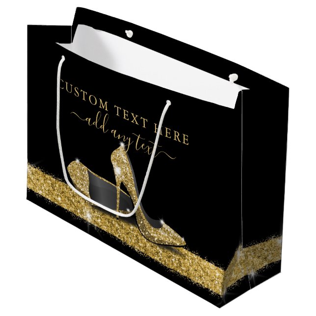 Glitter High Heels Gold Black Personalised Large Gift Bag (Front Angled)