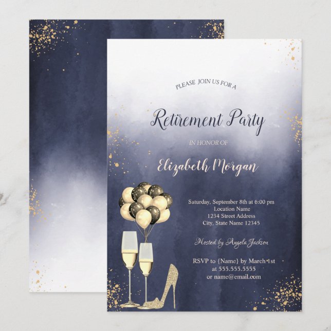 Glitter High Heels,Ombre Blue Retirement Party  Invitation (Front/Back)