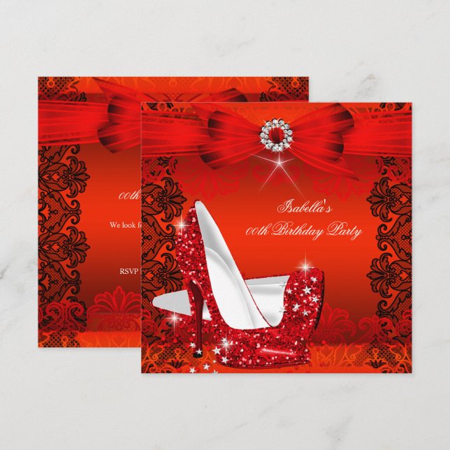 Glitter High Heels Red Lace Diamond Silver Party 2 Invitation (Front/Back)