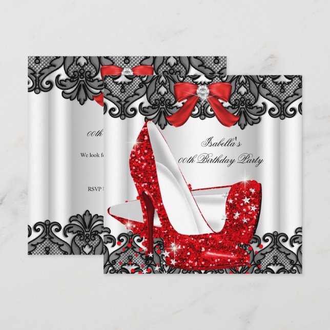 Glitter High Heels Red Lace Diamond Silver Party 3 Invitation (Front/Back)