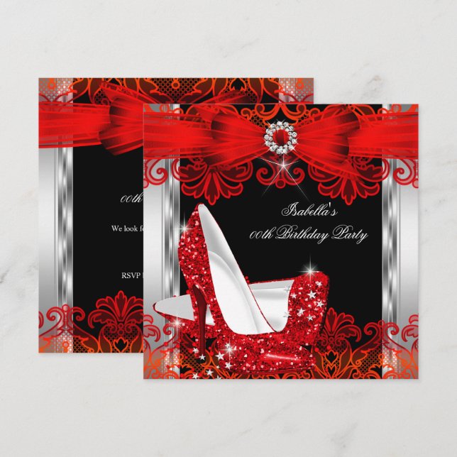 Glitter High Heels Red Lace Diamond Silver Party Invitation (Front/Back)