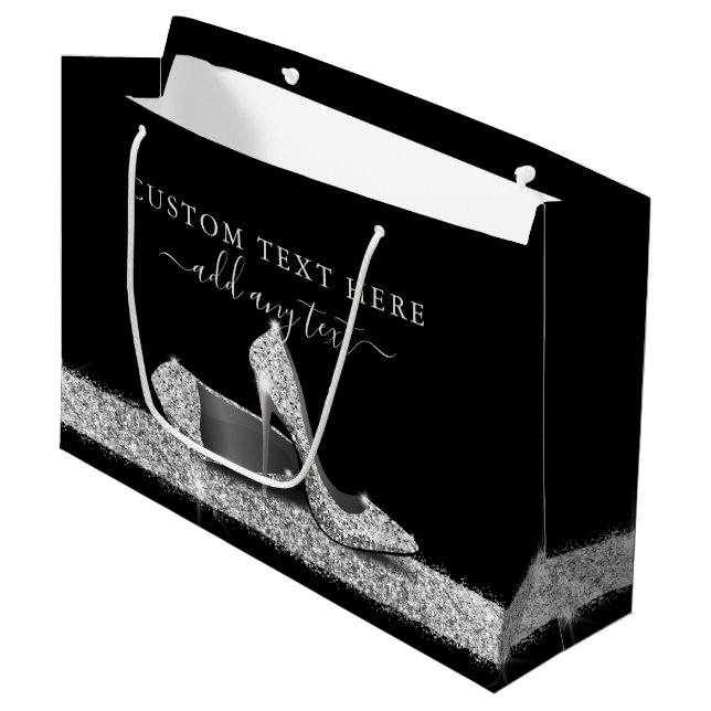 Glitter High Heels Silver Black Personalised Large Gift Bag (Front Angled)