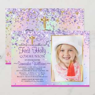 Glitter Holographic Photo First Communion  Invitation