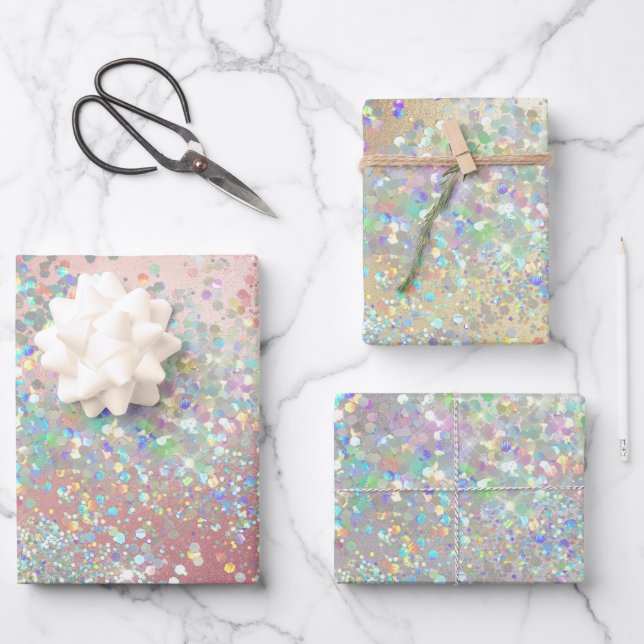 Glitter holographic rose pink gold silver sparkle wrapping paper sheet (Front)