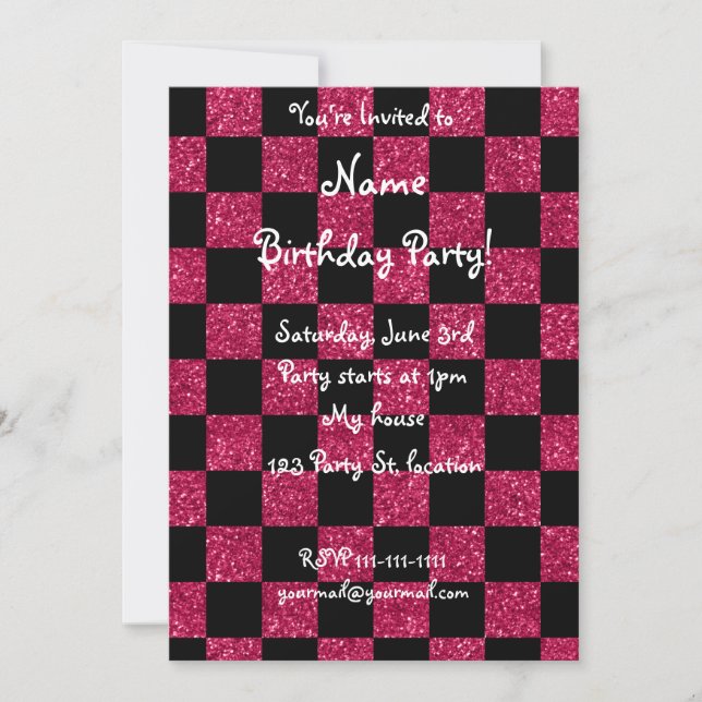 Glitter hot pink and black chequered pattern invitation (Front)