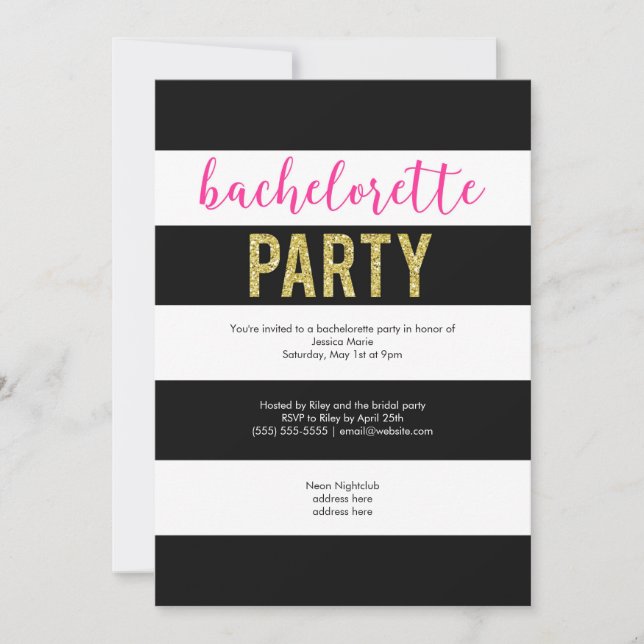 Glitter Hot Pink Black Stripes Bachelorette Party Invitation (Front)