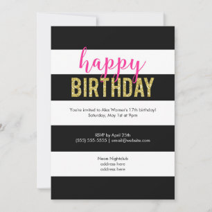 Glitter Hot Pink Black Stripes Birthday Party Invitation
