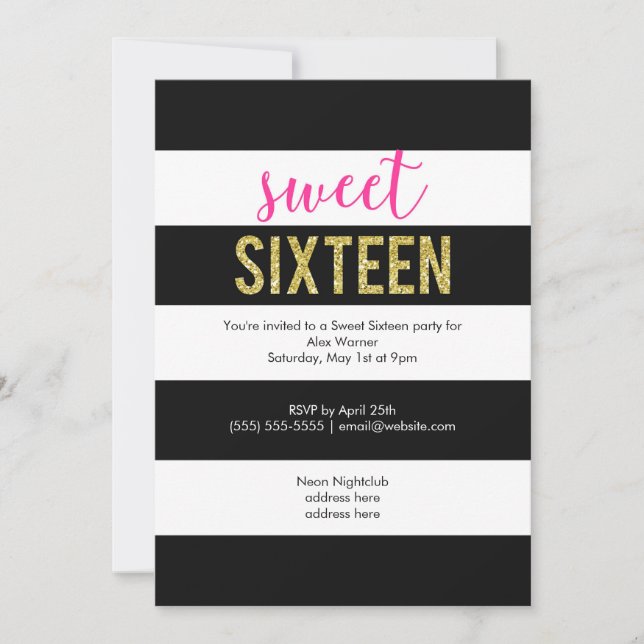 Glitter Hot Pink Black Stripes Sweet Sixteen Party Invitation (Front)