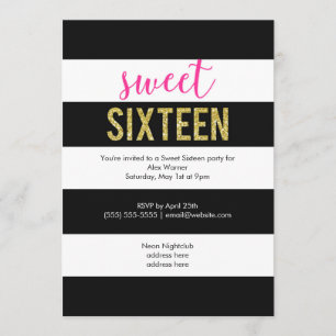 Glitter Hot Pink Black Stripes Sweet Sixteen Party Invitation
