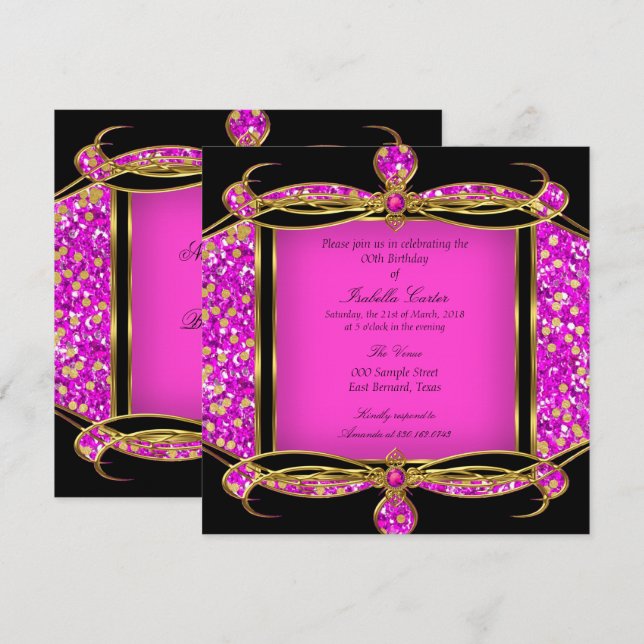 Glitter Hot Pink Gold Black Birthday Party Invitation (Front/Back)