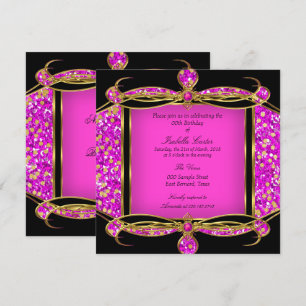 Glitter Hot Pink Gold Black Birthday Party Invitation