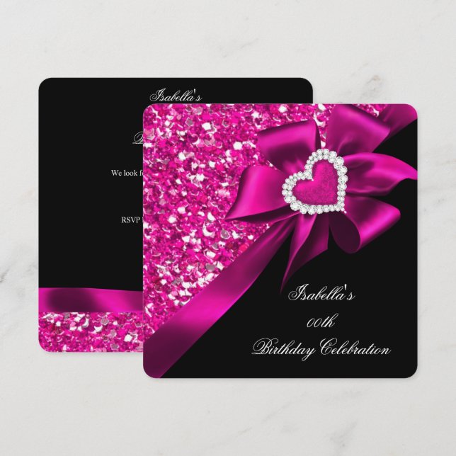 Glitter Hot Pink Heart Bow Black Birthday Party 2 Invitation (Front/Back)