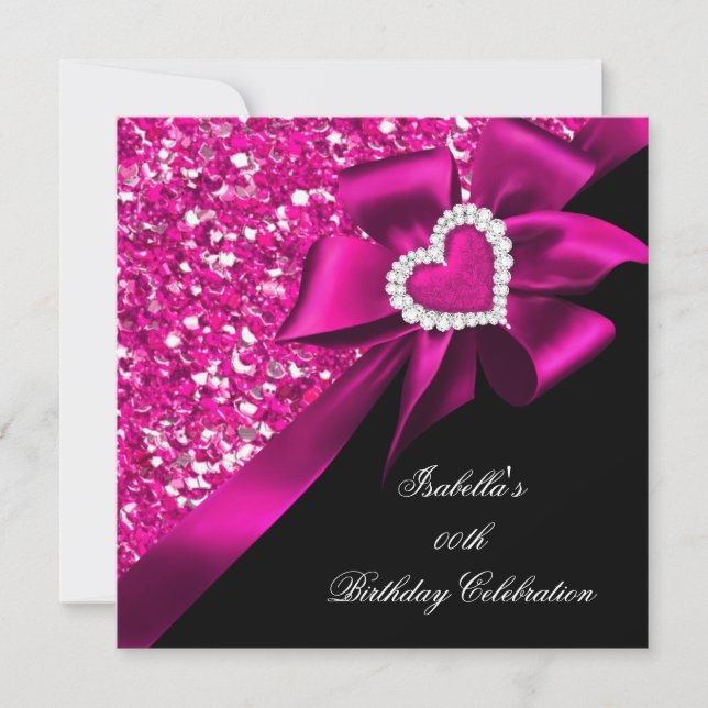 Glitter Hot Pink Heart Bow Black Birthday Party Invitation (Front)