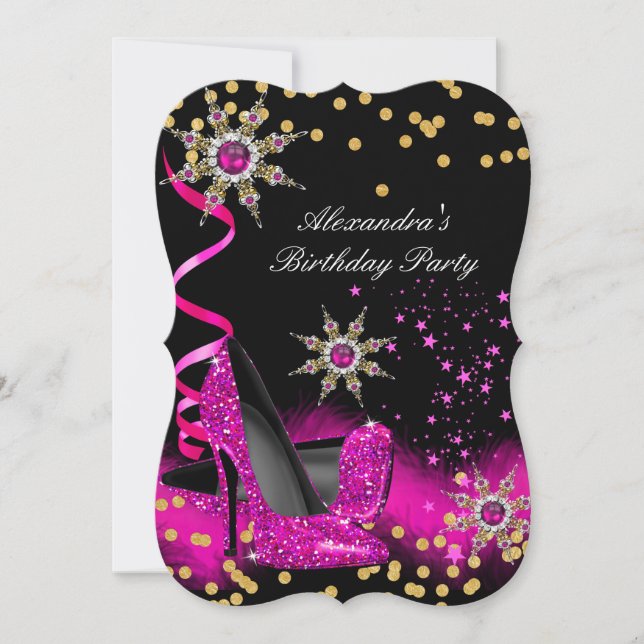 Glitter Hot Pink Heels Birthday Party Gold Black Invitation (Front)