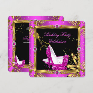 Glitter Hot Pink High Heel Shoes Gold Black Party Invitation