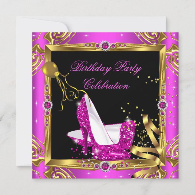 Glitter Hot Pink High Heel Shoes Gold Black Party Invitation (Front)
