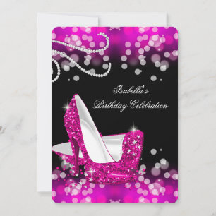 Glitter Hot Pink High Heels Diamonds Birthday Invitation
