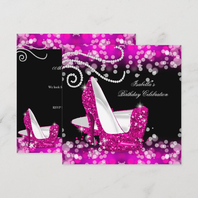 Glitter Hot Pink High Heels Diamonds Birthday Invitation (Front/Back)