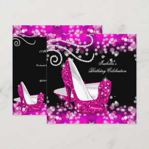 Glitter Hot Pink High Heels Diamonds Birthday Invitation