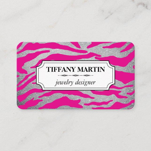 Glitter Hot Pink Zebra Print Business Card (Front)