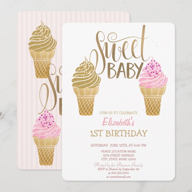 Glitter Ice Cream Macaroons Striped Birthday   Invitation (Front/Back)
