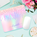 Glitter Iridescent unicorn rainbow monogram name Mouse Mat<br><div class="desc">A trendy iridescent background with unicorn and rainbow pastel colors in pink, purple, rose gold, mint green. Decorated with faux glitter drips in rose gold, pink and purple. Personalize and add a name, written with a modern hand lettered style script with swashes. Purple colored letters. To keep the swashes only...</div>