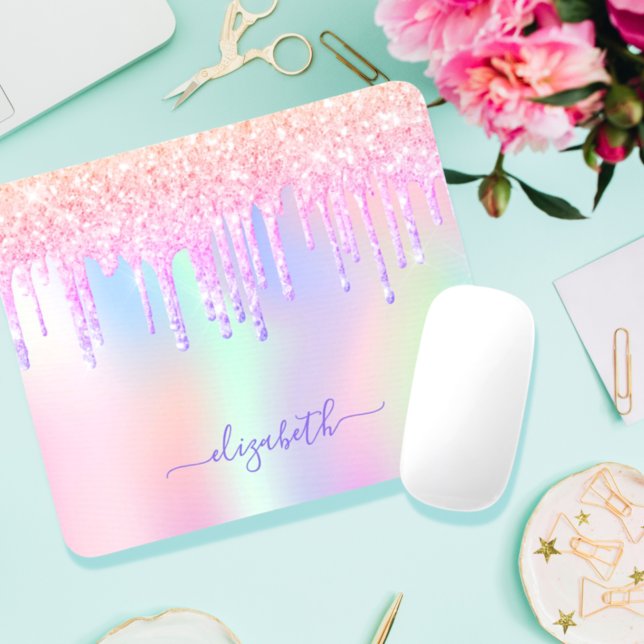 Glitter Iridescent unicorn rainbow monogram name Mouse Mat (Creator Uploaded)