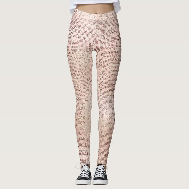 Glitter Ivory Brush Faux Pink Rose Gold Sparkly Leggings (Front)