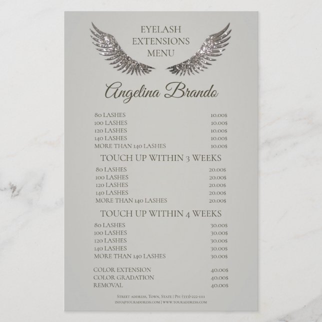 Glitter Lashes Eyelash Extensions Grey Price List Flyer (Front)