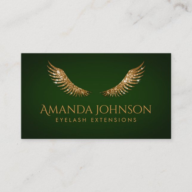 Glitter Lashes Gold Wings Emerald Green Card (Front)