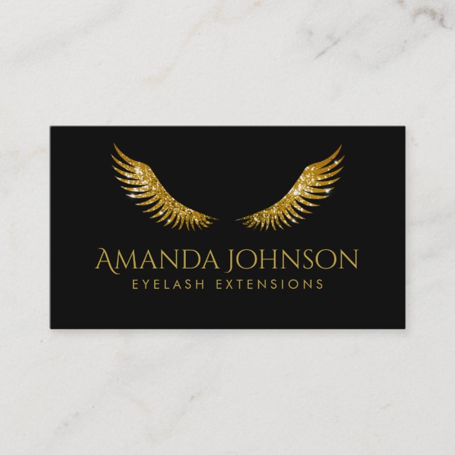 Glitter Lashes Gold Wings Simple Black Card (Front)