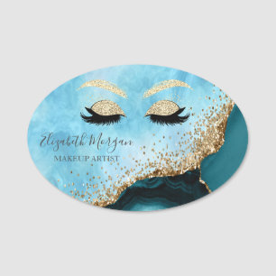 Glitter Lashes, Turquoise Marble Makeup artist Name Tag