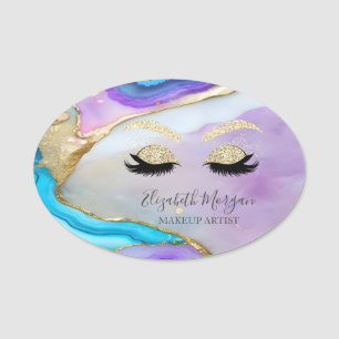 Glitter Lashes,Violet Blue Marble Makeup artist Name Tag