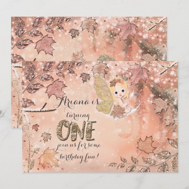 Glitter Leaves Winter Fall Fairy Party Invitations (Front/Back)