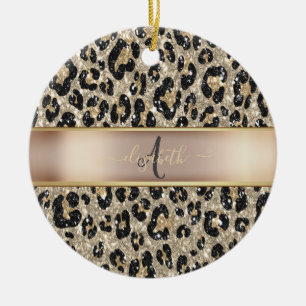 Glitter Leopard Pattern Monogram   Ceramic Tree Decoration