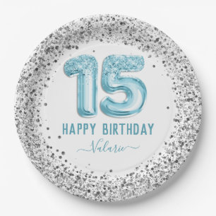 Glitter Light Blue Happy 15th Birthday Paper Plate
