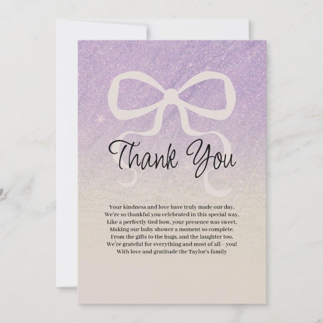 Glitter lilac gradient coquette bow Thank You Card (Front)