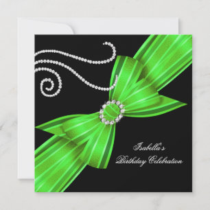 Glitter Lime Diamond Bow Black Birthday Party Invitation