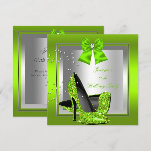 Glitter Lime Green High Heel Birthday Party Invitation (Front/Back)