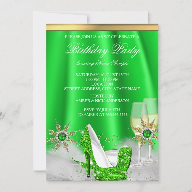 Glitter Lime Green High Heels Gold Champagne Party Invitation (Front)