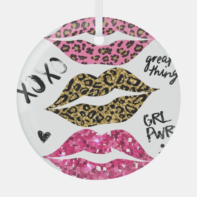 Glitter Lips: Fashionable Leopard Print Glass Tree Decoration (Front)
